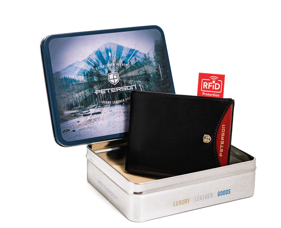 Mały, skórzany portfel męski w orientacji poziomej z systemem RFID — Peterson