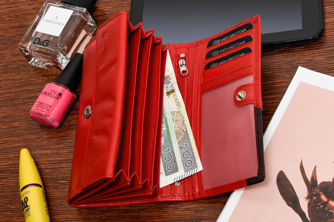 Damski skórzany portfel duży poziomy retro RFiD czerwony BELTIMORE 043