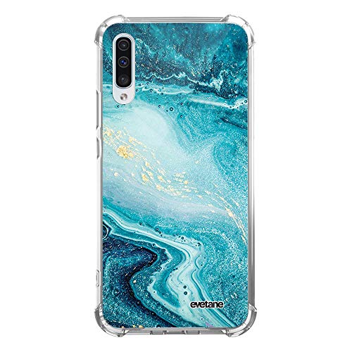 Evetane Etui kompatybilne z Samsung Galaxy A50 Silikonowe narożniki odporne na wstrząsy Solidna ochrona pełna przezroczysta niebieski perłowy marmur wzór pisma modny