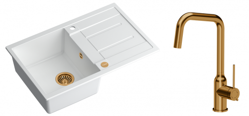 Quadron Zlewozmywak granitowy jednokomorowy 78*50*22 cm z ociekaczem MORGAN 111 SNOW WHITE z miedzianym odpływem z baterią NATALIE Q LINE kolor miedziany