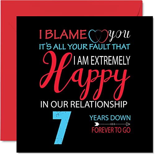 Zabawna miedziana kartka rocznicowa dla męża żony - 'Your Fault I'm Niezwykle Happy 7th Wedding Anniversar' kartka z życzeniami dla partnera, 145 mm x 145 mm kartki z życzeniami na siódme rocznice