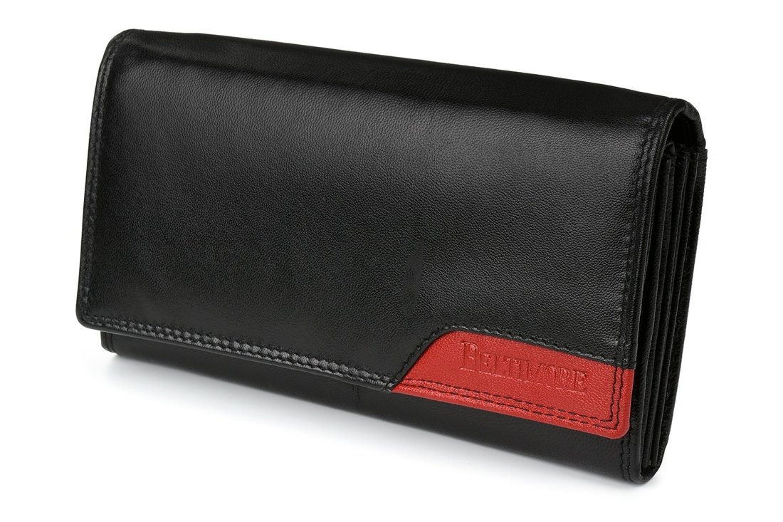 Damski skórzany portfel duży z biglem w środku poziomy retro RFiD czarny BELTIMORE 040