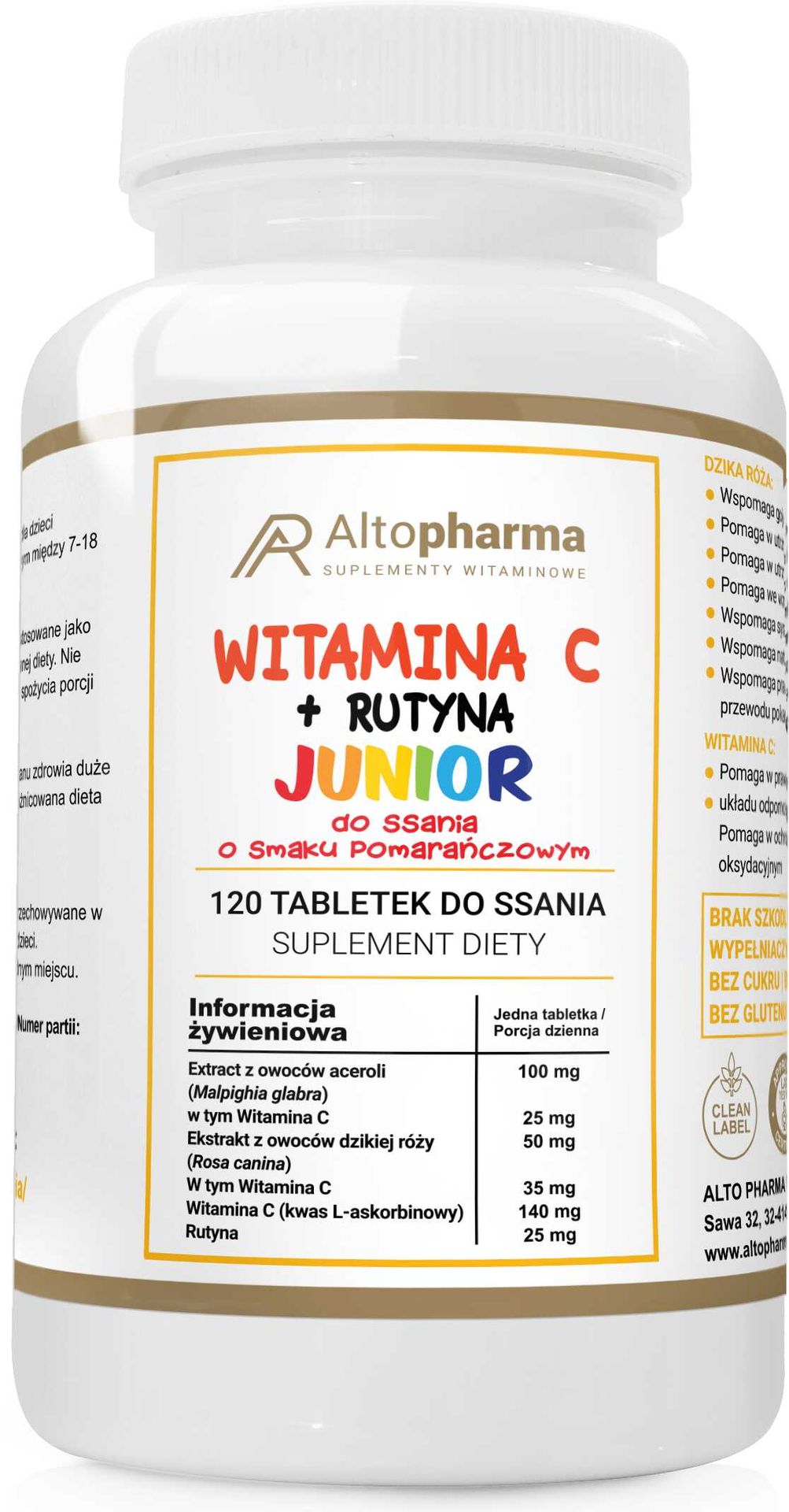 ALTO PHARMA Witamina C + Rutyna Junior 200mg 120 Tabletek do ssania Pomarańcza