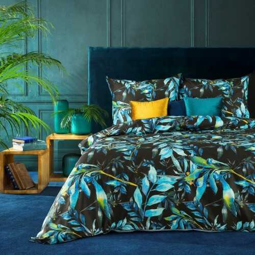 Pościel satynowa 160x200 czarna turkusowa liście Nika