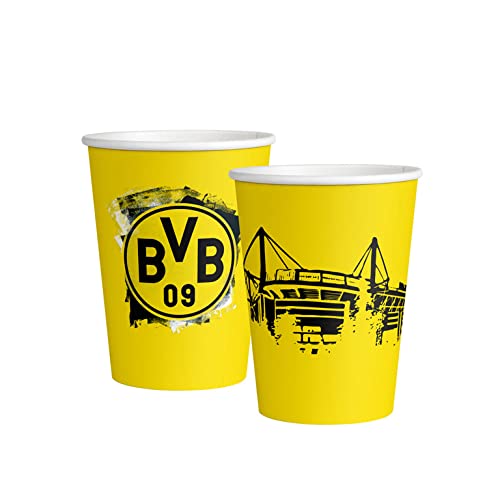 Amscan 9908526-66 – kubki BVB, 8 sztuk, pojemność 250 ml, papier, Borussia Dortmund, papierowe kubki, naczynia jednorazowe, piłka nożna, impreza, fan, urodziny