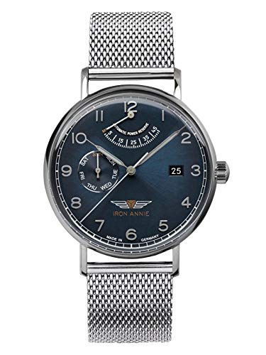 Iron Annie Zegarek męski z serii Amazonas Impressionen automatyczny Data Power Reserve 5960 ze skórzanym paskiem lub metalowym bransoletka 5960 m-4 – niebieski / pasek metalowy