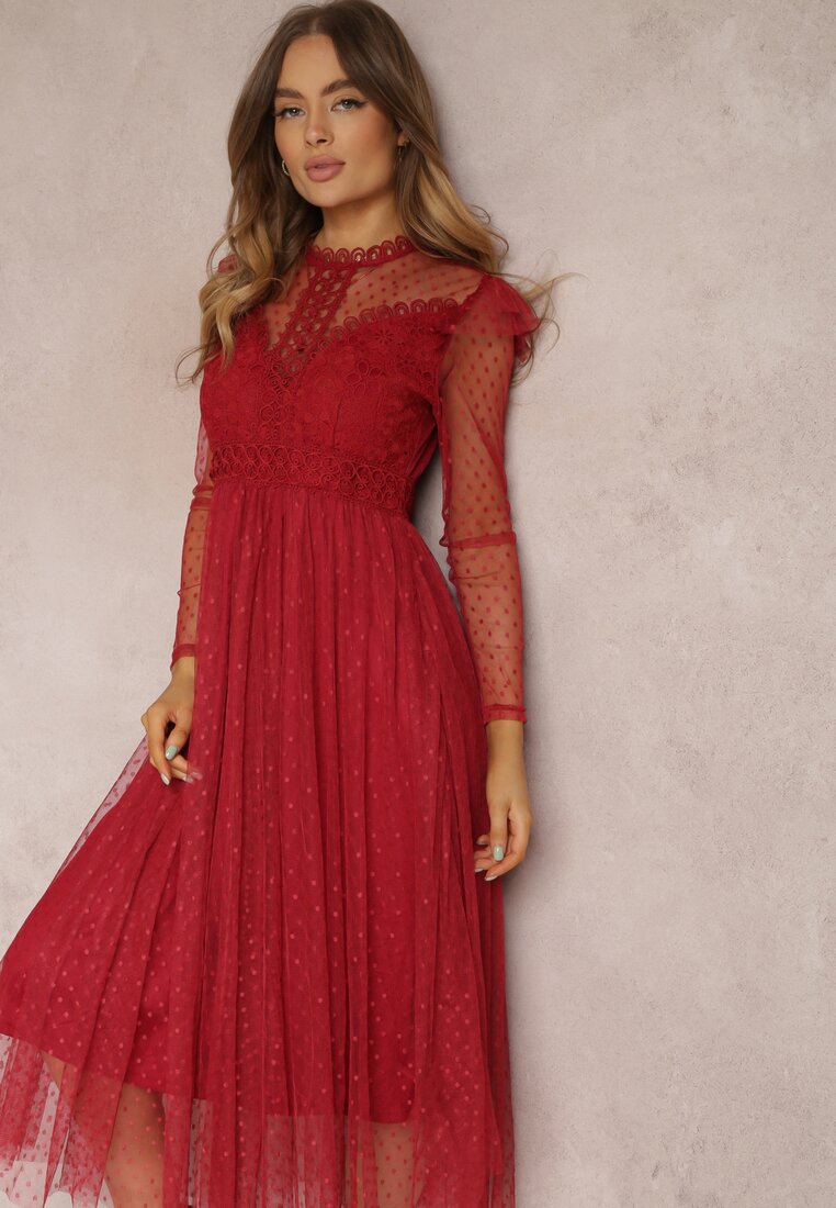 Bordowa Sukienka z Koronką i Tiulem Welvia