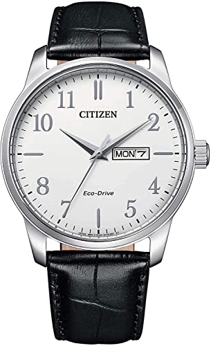 Citizen Męski analogowy zegarek Eco-Drive ze skórzanym paskiem, biały, Rozmiar uniwersalny, Pasek