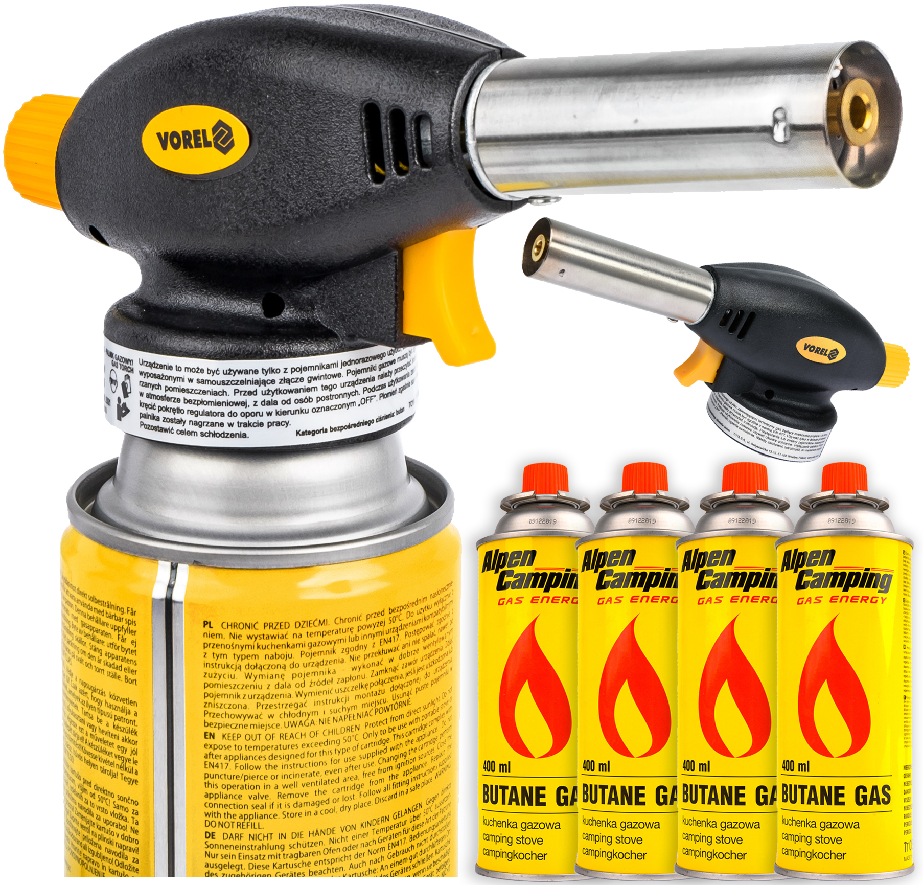Palnik gazowy flame gun z piezo zapalarką + 4 kartusze gazowe YATO 73413+KARTUSZ ZES325