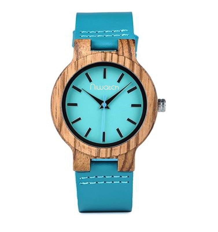 Zegarek drewniany Niwatch BASIC na turkusowym pasku - tarcza 38 mm