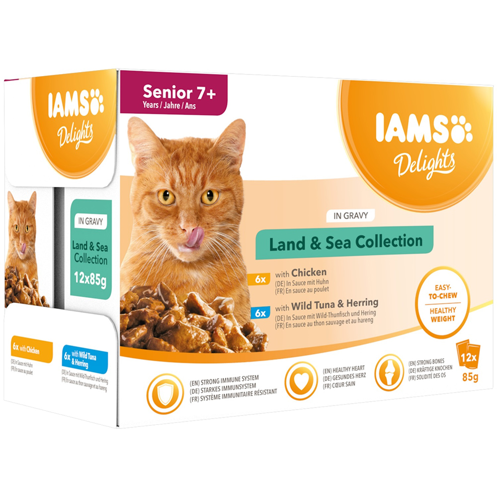 IAMS Delights Senior Land & Sea Collection, dla kotów, 48 x 85 g| Dostawa i zwrot GRATIS!