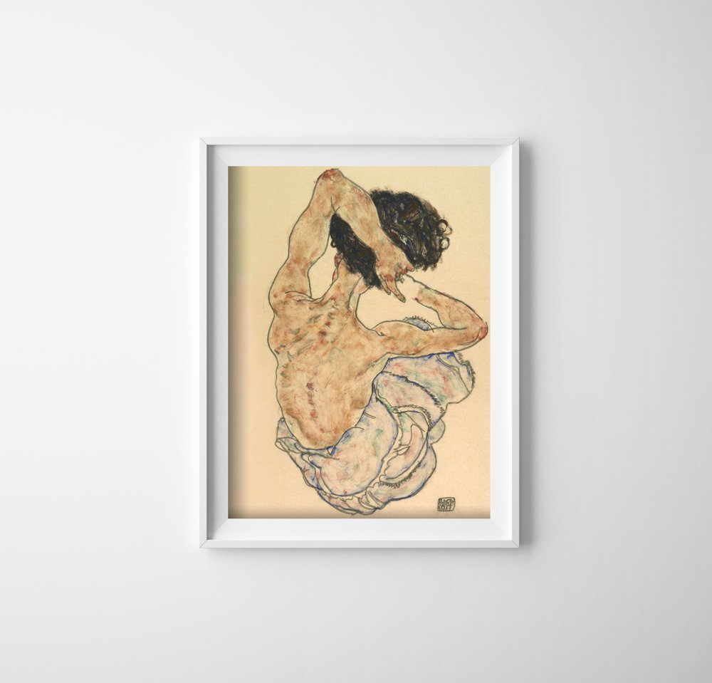 Plakatyw  stylu retro Egon Schiele W pozycji siedzącej