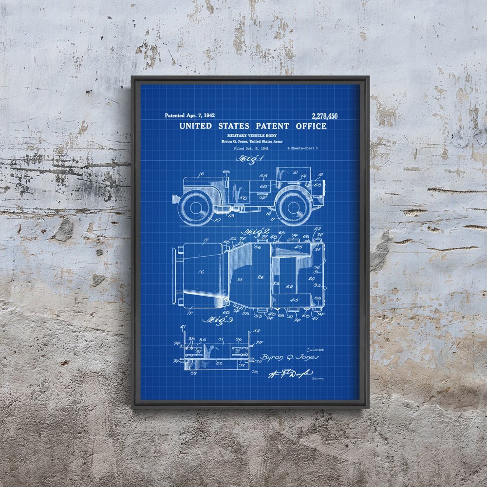 Plakatyw  stylu retro Willys Military Jeep Patent Patent Automobile Us Army