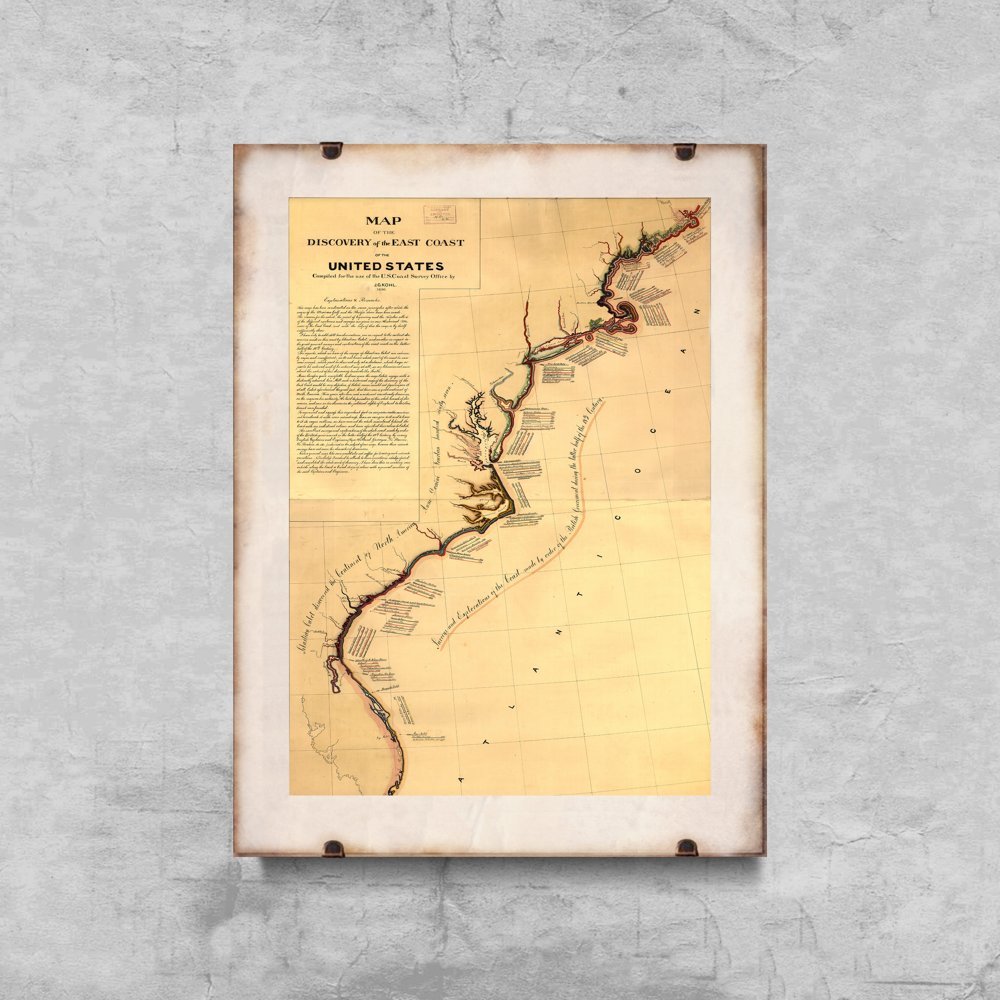 Plakat retro Mapa odkrycia wschodniego wybrzeża USA