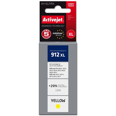 Tusz Activejet AH-912YRX do drukarek HP, Zamiennik HP 912XL 3YL83AE; Premium; 990 stron; żółty