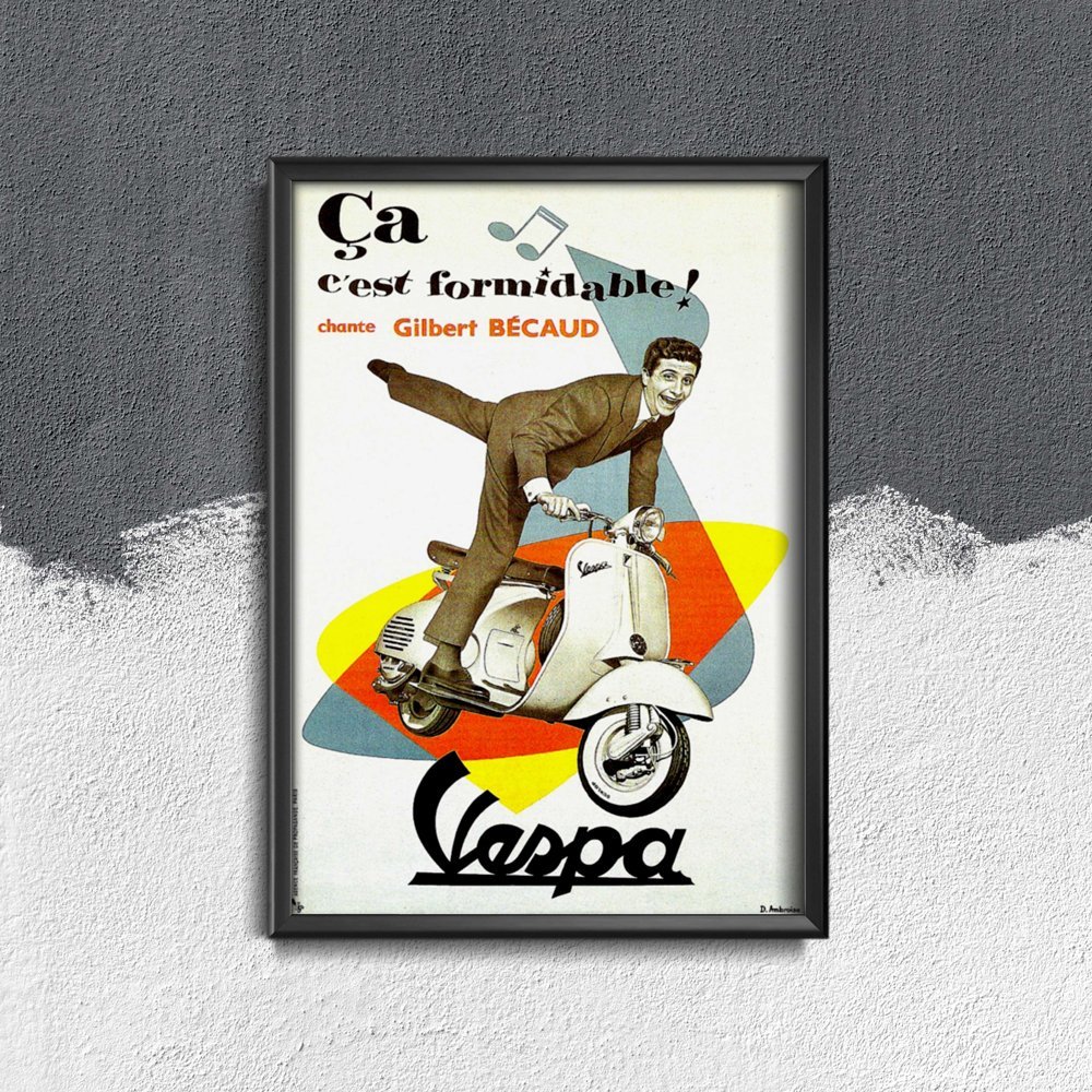 Plakat w stylu retro Chante Gilbert Bécaud Vespa