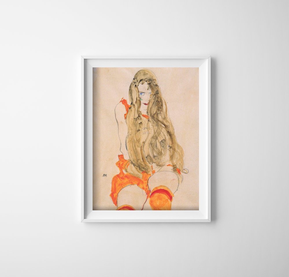 Plakat retro do salonu Siedząca dziewczyna z opadającymi włosami Egon Schiele