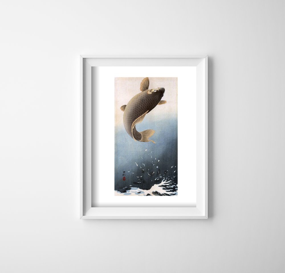 Plakat w stylu retro Skaczący karp autorstwa Ohary Koson