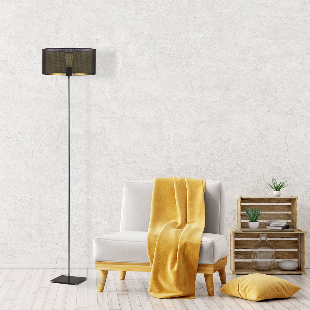 Metalowa lampa stojąca do czytania w salonie z abażurem MEKSYK AŻUR