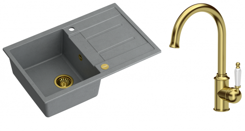 Quadron Zlewozmywak granitowy jednokomorowy 78*50*22 cm z ociekaczem MORGAN 111 SILVER STONE ze złotym odpływem z baterią RACHEL Q LINE kolor złoty