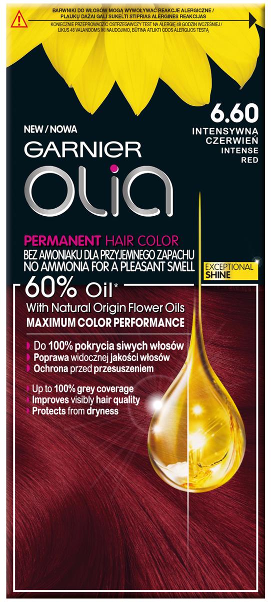 Garnier Olia 6.60 Intensywna czerwień, farba do włosów bez amoniaku, 60% olejków