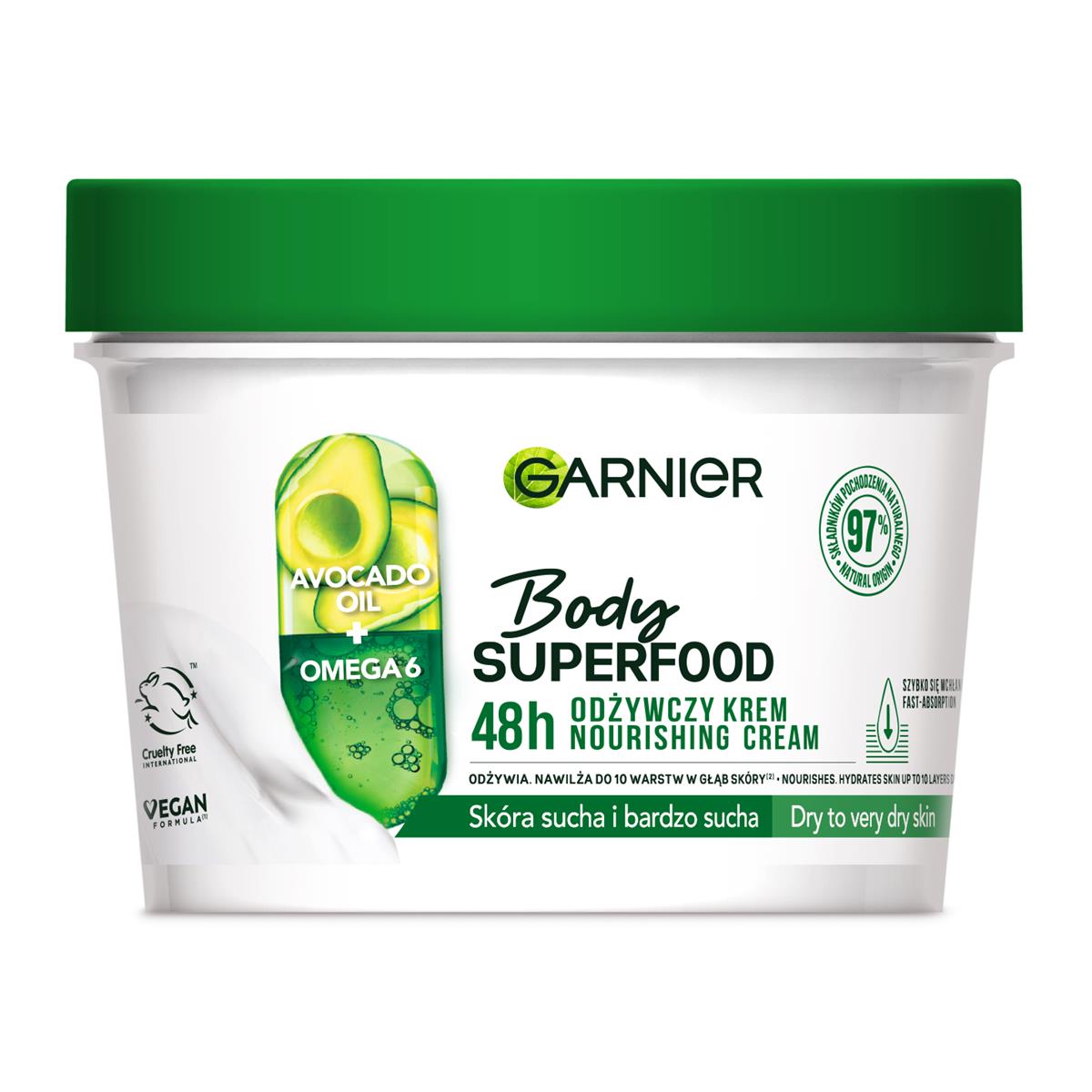 Garnier Body Superfood Avocado odżywczy krem z olejkiem z awokado i kwasem omega 6 380ml
