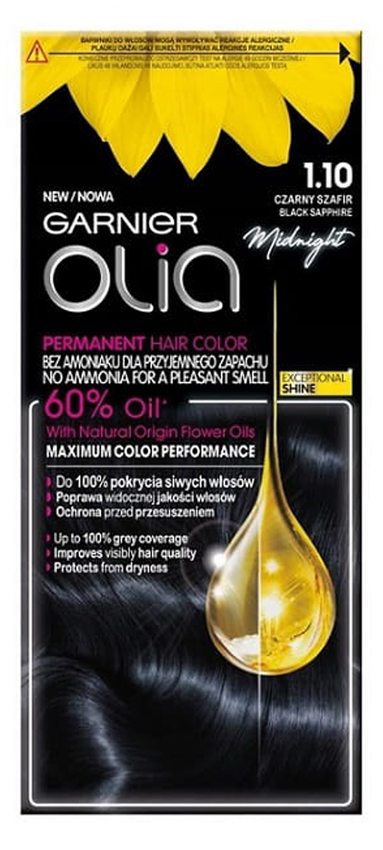 Garnier Olia 1.10 Czarny szafir, farba do włosów bez amoniaku, 60% olejków