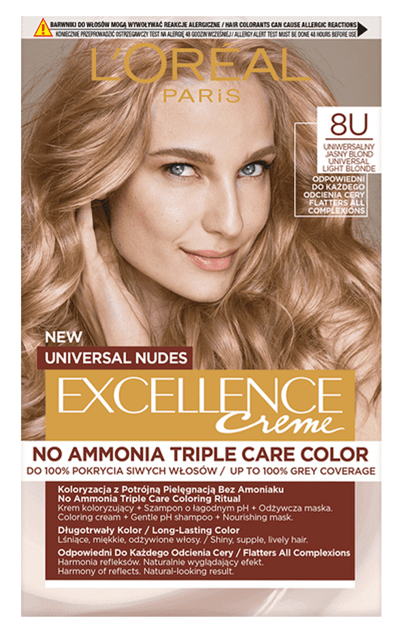 Zdjęcia - Farba do włosów Universal L\'\'Oréal - EXCELLENCE Creme - 8U  LIGHT BLONDE - Koloryzacja z potrójną pielęgnacją bez amoniaku - Trwała farba d 