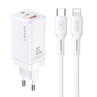 Usams Ład. siec. Mt 2xUSB-C+USB GaN 65W Pd + kabel