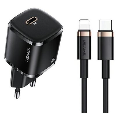 USAMS Ład. siec. 1xUSB-C T36 mini 20W + kabel USB-C-Lightning czarny/black PD3.0 Fast Charging XFKXLOGTL01 (US-CC124+US-SJ484)