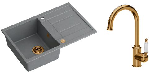 Quadron Zlewozmywak granitowy jednokomorowy 78*50*22 cm z ociekaczem MORGAN 111 SILVER STONE z miedzianym odpływem z baterią RACHEL Q LINE kolor miedziany