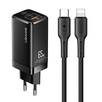 Usams Ład. siec. Mt 2xUSB-C+USB GaN 65W Pd + kabel