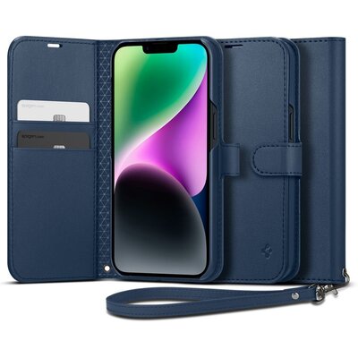 Spigen Wallet S skórzane etui z klapką portfel do iPhone 14 niebieskie