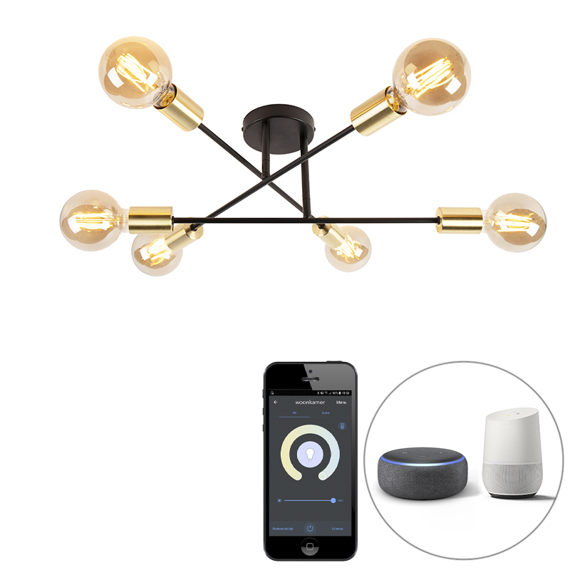 QAZQA Inteligentna lampa sufitowa czarna ze złotymi 6 lampami  w tym Wifi G95 - Sydney Bondi