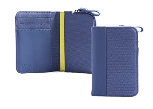 NAVA DESIGN - Pionowy uchwyt na karty kredytowe z 4 DC i portfelem na monetki, ekranowaniem RFID i zamkiem błyskawicznym w kolorze niebieskim/żółtym limonkowym - Wymiary 12 x 8 cm