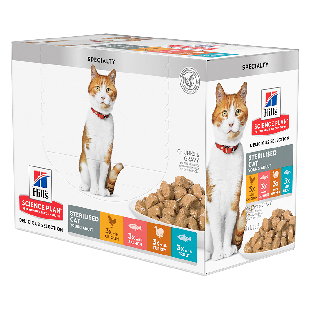 Drugi pakiet 12 x 85 g 50% taniej! Hill's Science Plan Feline, 24 x 85 g   - Young Adult Sterilised, Kurczak, łosoś, indyk, pstrąg| Dostawa i zwrot GRATIS od 99 zł