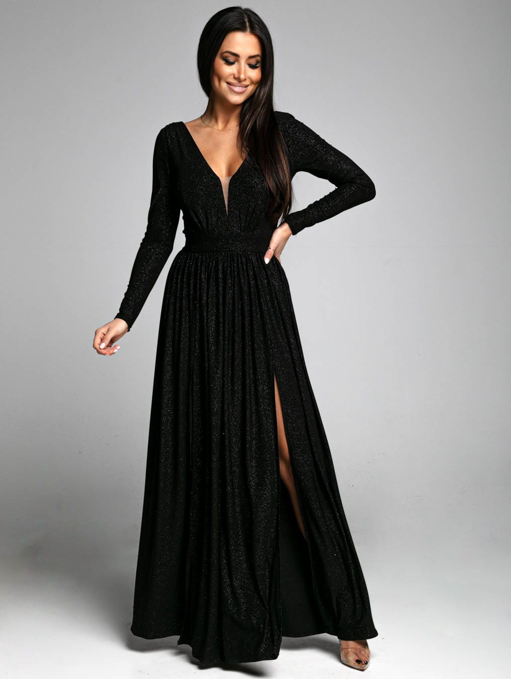 PRE-ORDER! Sukienka czarna maxi brokatowa elegancka na długi rękaw balowa Promise - PERFE