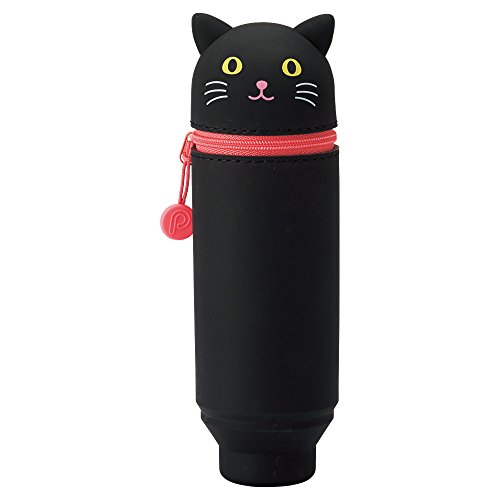 LIHITLAB Kawaii japoński czarny kot stojący piórnik do szkoły, biura, na uczelnię, urocze przybory szkolne, uchwyt na długopisy ze zwierzętami, nastolatki, artystki, przechowywanie kosmetyków