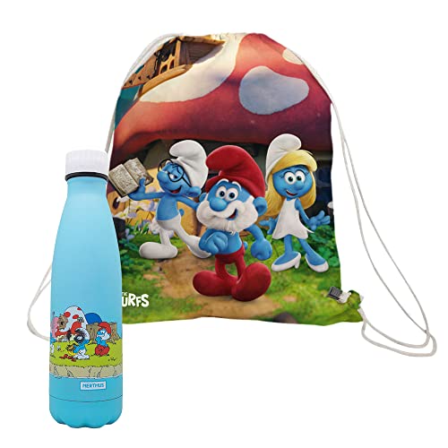 NERTHUS FIH 971 SET Podwójna butelka Ściana Stal nierdzewna 500 ml Smerfy + Plecak Smerfy