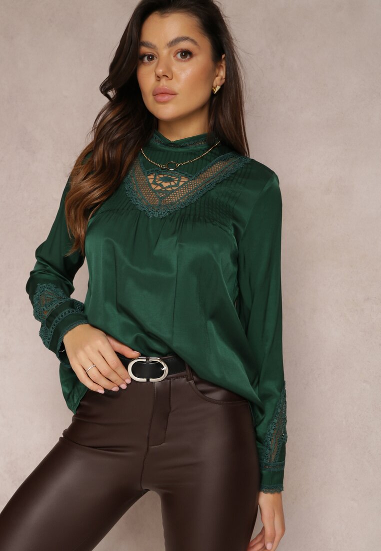 Ciemnozielona Bluzka z Ażurowymi Zdobieniami Zehi