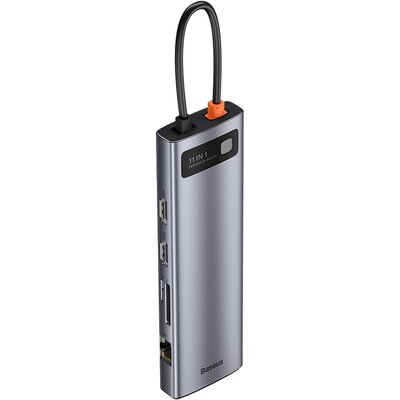 Baseus Metal Gleam 11w1 wielofunkcyjny HUB USB Typ C - 3x USB 3.2 Gen 1 5Gbps / USB Typ C PD 100W / 3,5 mm mini jack AUX / VGA Full HD 60Hz / 2x HDMI 4K 30Hz / czytnik kart TF i SD / RJ45 1Gbps szary CAHUB-CT0G