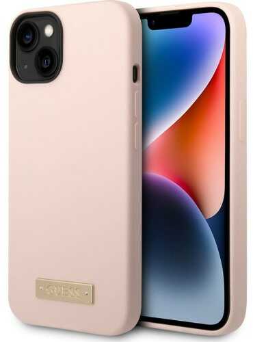 Guess Etui 4G Silicone Logo Plate MagSafe do iPhone 14 Plus różowe
