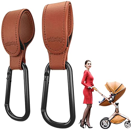 Edibaby, Haczyki do wózków dziecięcych, wykonane ze skóry, 2 sztuki, uniwersalne dopasowanie, karabinki do wózka dziecięcego do zawieszenia torby, plecak, torba itp (brązowy)