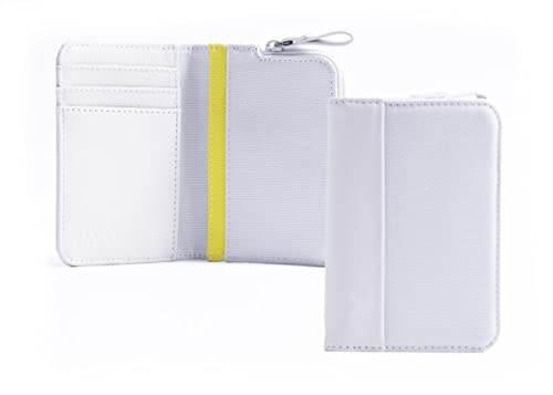 NAVA DESIGN - Pionowy uchwyt na karty kredytowe z 4 DC i portfelem na monetki, ekranowanie RFID i zamek błyskawiczny, kolor biały/limonkowy - wymiary 12 x 8 cm