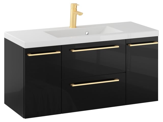 Szafka Wisząca Z Umywalką RON 100 cm D - Czarny Wysoki Połysk - Uchwyty Złote Szczotkowane