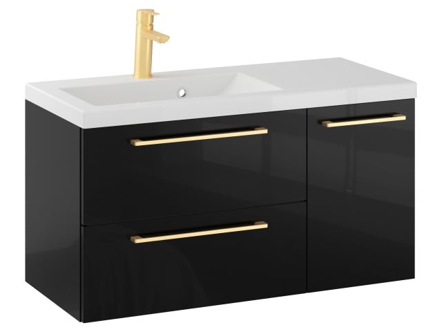 Szafka Wisząca Z Umywalką RON 90 cm D Lewa - Czarny Wysoki Połysk - Uchwyty Złote Szczotkowane