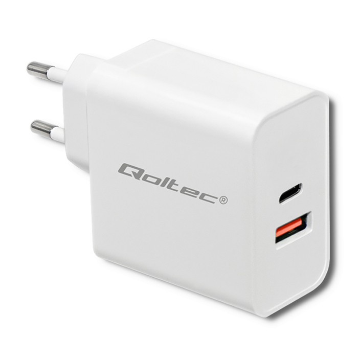 Qoltec 63W 5-20V 1.5-3A USB typ C PD USB QC 3.0 Biała