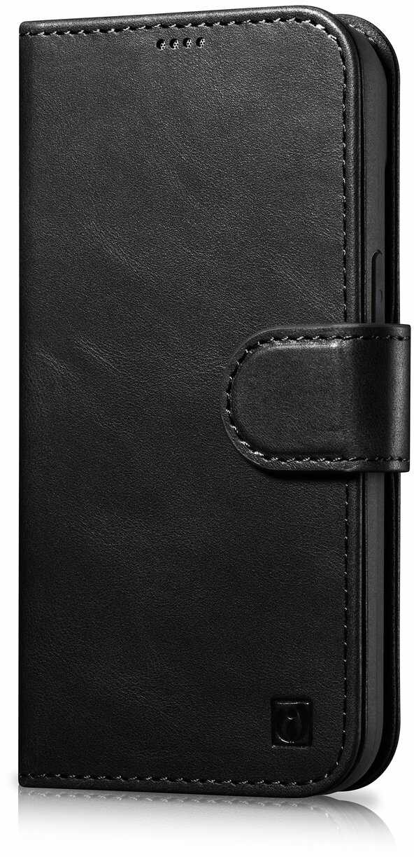 iCarer Oil Wax Wallet Case 2in1 etui iPhone 14 Pro Max skórzany pokrowiec z klapką Anti-RFID czarny (WMI14220724-BK)