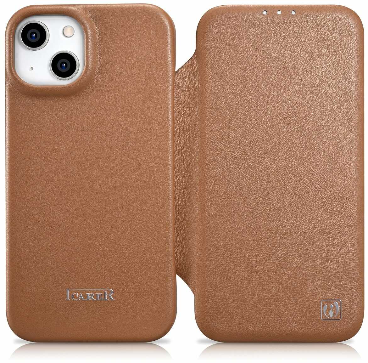 iCarer CE Premium Leather Folio Case skórzane etui iPhone 14 Plus z klapką magnetyczne MagSafe brązowy (WMI14220715-BN)