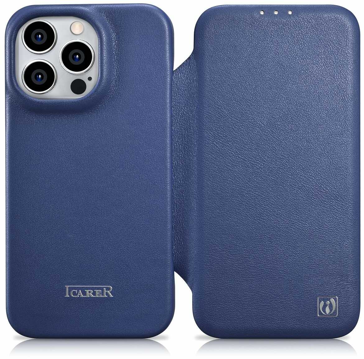 iCarer CE Premium Leather Folio Case skórzane etui iPhone 14 Pro Max z klapką magnetyczne MagSafe niebieski (WMI14220716-BU)